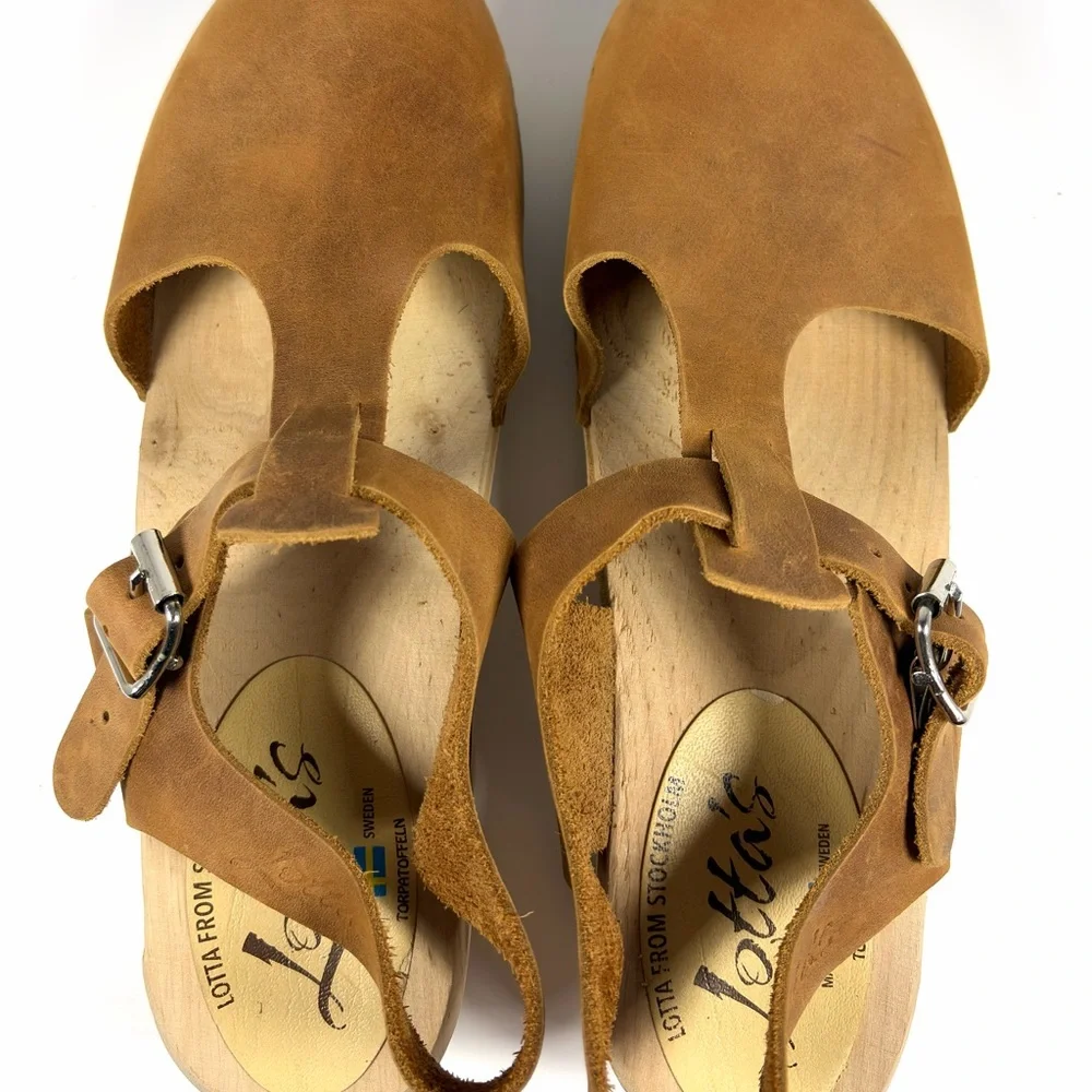 Lotta From Stockholm Wooden Clog Sandals Womens EU 40 Brown Leather Ankle Strap - Picture 7 of 10